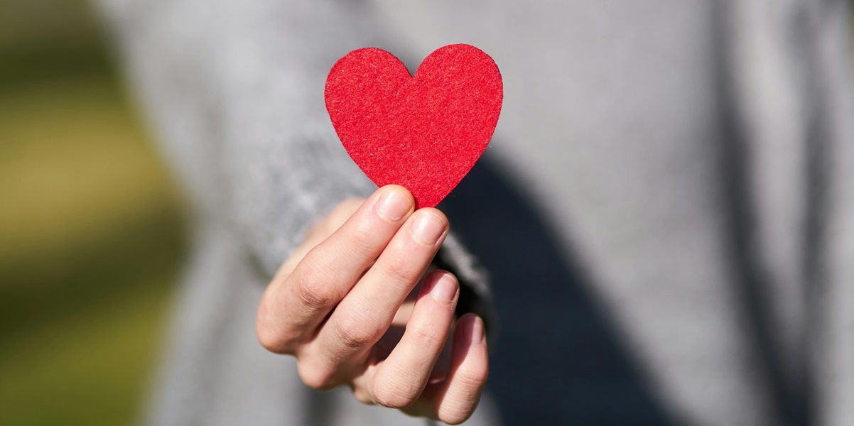 Een hand met daarin een rood hart dat symbool staat voor doneren aan de Nederlandse Vereniging voor Veganisme