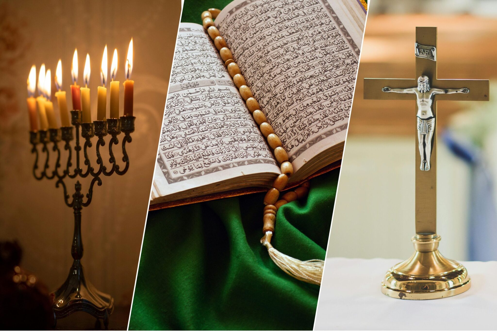 Collage van drie foto's: een menorah, de quran en een Jezusbeeldje.